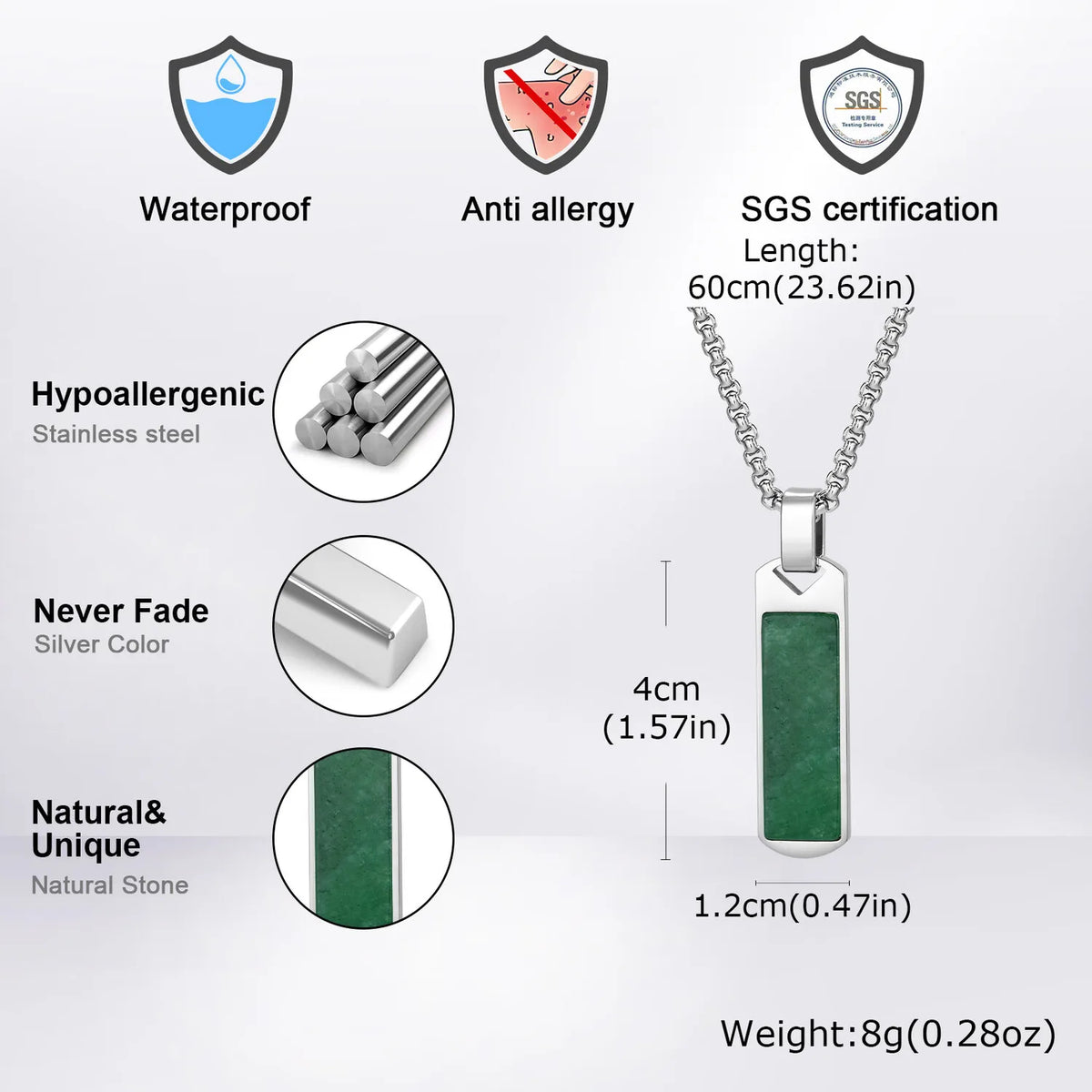 Natural Stone Healing Necklaces for Men,Stainless Steel Rectangular Pendant Necklace,Trendy Hip Hop Birthday Jewelry Gift
