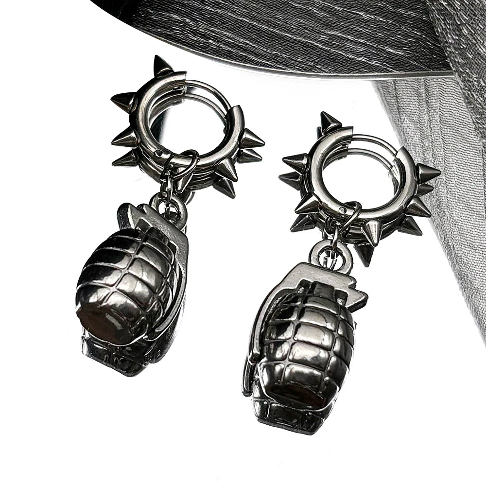 Funny Grenade Rivet Earrings For Men Women  Stainless Steel Silver Color Hiphop Rock Party Male Punk Hoop Ear Ring Jewelry Gift