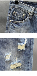 Nine-point jeans with holes for men's thin fashion brand slim feet in summer and summer Korean  style spring and autumn pants