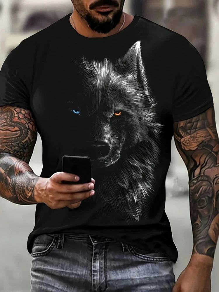 Summer Street Fashion T-shirt Urban Everyday Casual Short-sleeved Top Outdoor Camping Sports T-shirt 3D Wolf Print Men's T-shirt