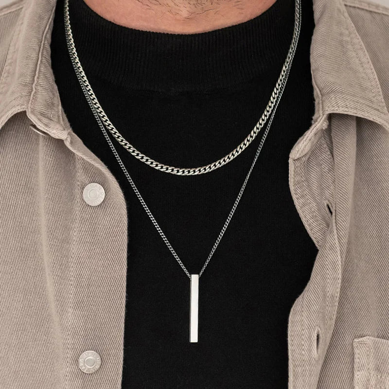 Mens Vertical Bar Necklaces,Stacking Stainless Steel Geometric Pendant with Wheat Rope Cuban Chain,Male Jewelry Gift