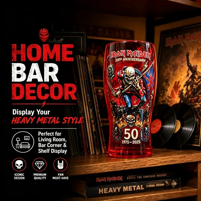 Iron Maiden 50th Anniversary Themed Pint Glass Heavy Metal Rock Band Inspired Beer Cup Collectible Drinkware for Bar Home Party