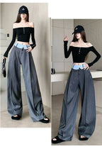 Suit wide leg pants women's autumn and winter striped patchwork high waisted casual fashion versatile straight leg pants