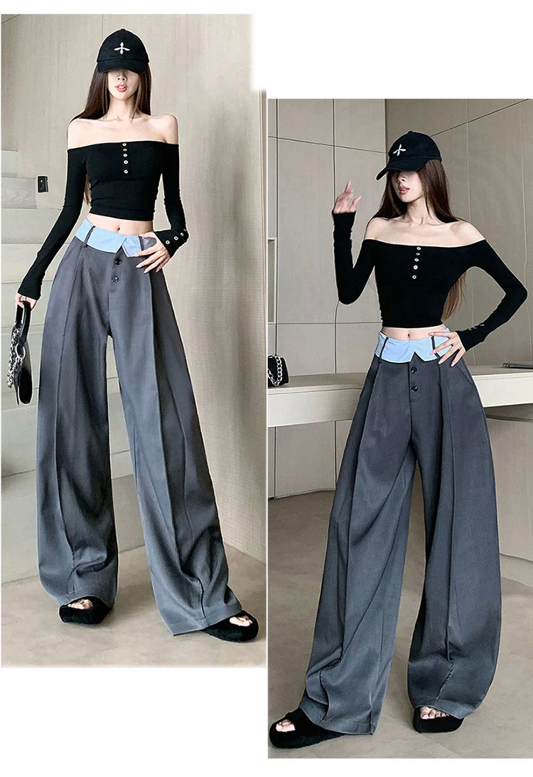 Suit wide leg pants women's autumn and winter striped patchwork high waisted casual fashion versatile straight leg pants