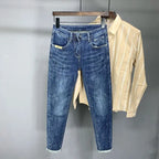 Korean Luxury Clothing Jeans Men's Autumn New High-end Brand Slim-fitting Small Feet Blue Washed Retro Ruffian Handsome Trousers