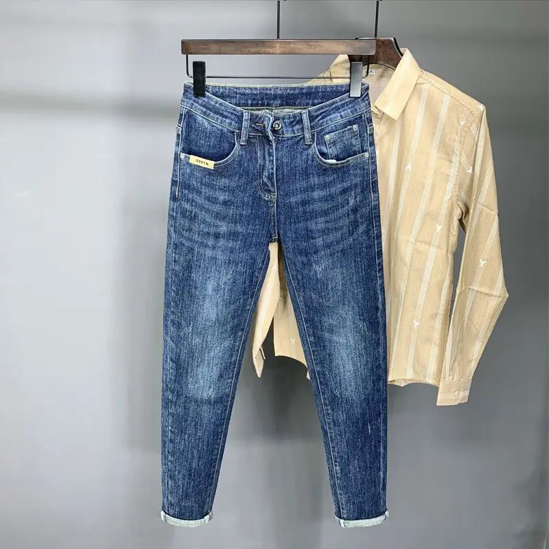 Korean Luxury Clothing Jeans Men's Autumn New High-end Brand Slim-fitting Small Feet Blue Washed Retro Ruffian Handsome Trousers