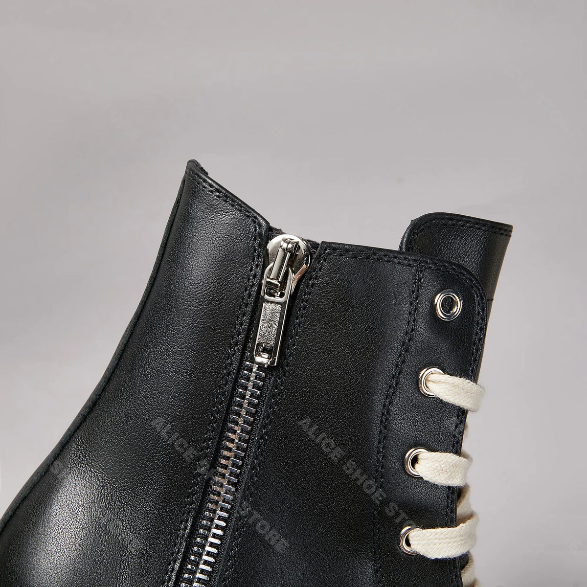 PENDRA Obsidian Zip Black Leather High-Top Zip Thick-Sole Platform Ankle Boots