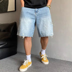 Fashion 2026 New Retro Personalized Ripped Denim Shorts Men's Summer Trendy Brand Ruffian Handsome Straight Baggy Medium Pants