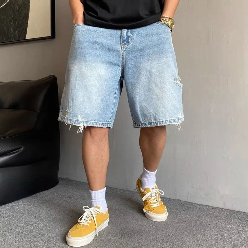 Fashion 2026 New Retro Personalized Ripped Denim Shorts Men's Summer Trendy Brand Ruffian Handsome Straight Baggy Medium Pants
