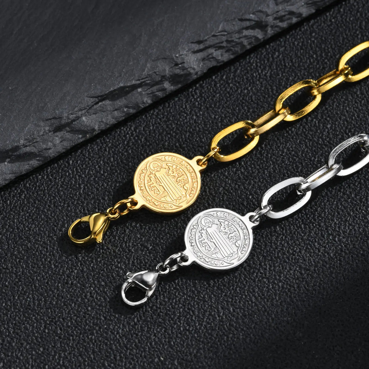 Saint Benedict Bracelet for Men,Gold Silver Color Stainless Steel Link Chain Wristband,Catholic Christian Medal Jewelry Gift
