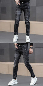 2025 Summer Ripped Jeans Men's Slim-fitting Small Feet Elastic Trousers Trendy Brand Fashion Scratched Patch Cargo Beggar Pants