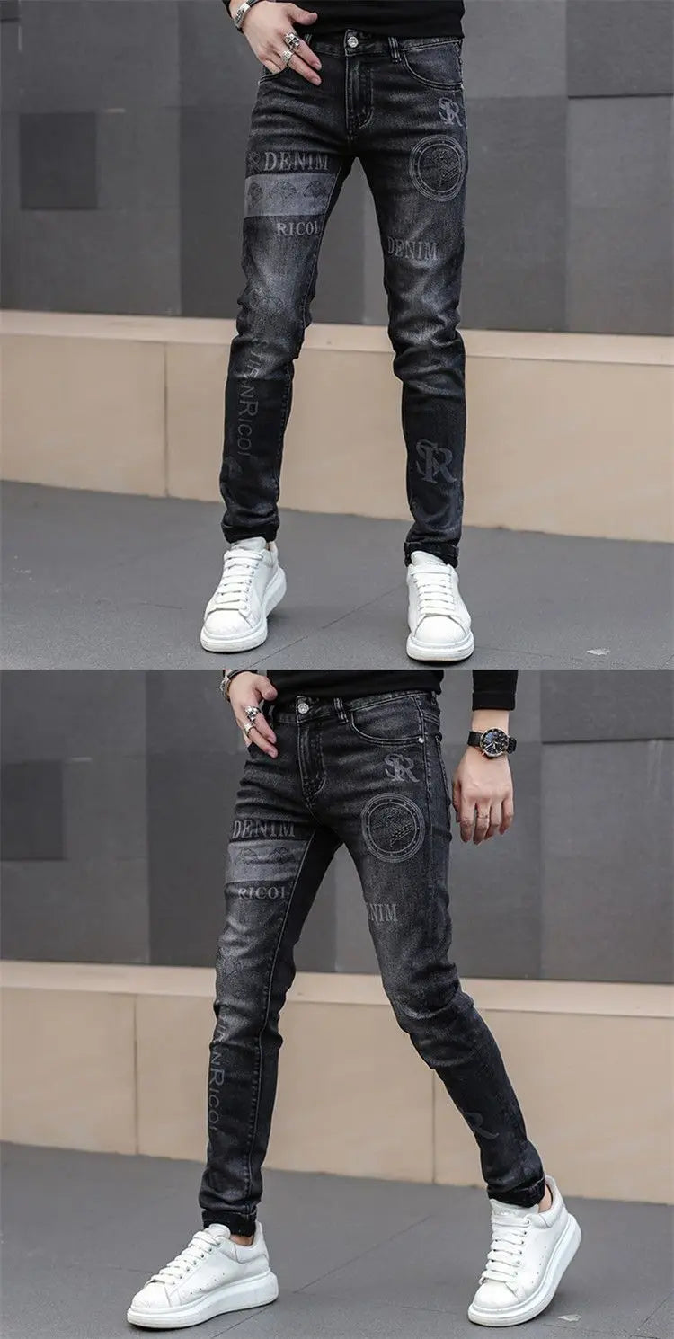 2025 Summer Ripped Jeans Men's Slim-fitting Small Feet Elastic Trousers Trendy Brand Fashion Scratched Patch Cargo Beggar Pants