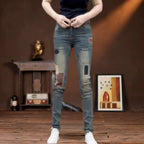 New 2026 Blue Embroidered Men's Slim-fitting Small-footed Jeans Casual Korean Fashion Patch Trend Beggar Designer Long Pants Man