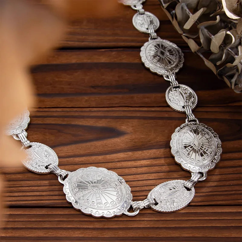 Retro style women's metal waist chain accessories Decorative circle carved chain belt high style accessories