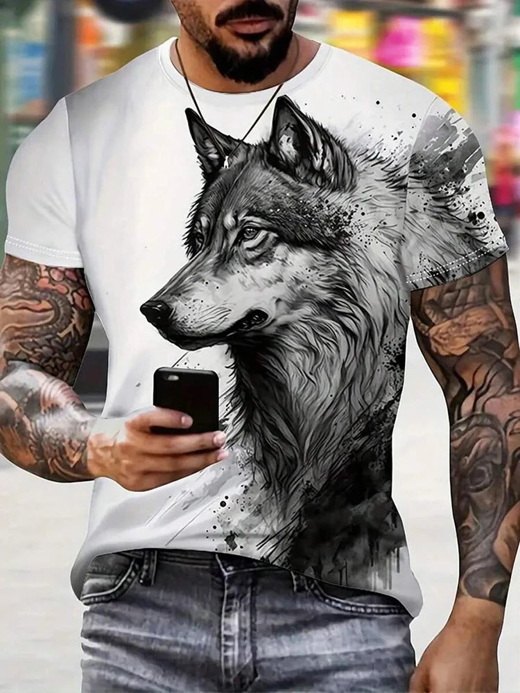 PENDRA Different Pupil Wolf Print Urban Short-Sleeve Tee T-Shirt
