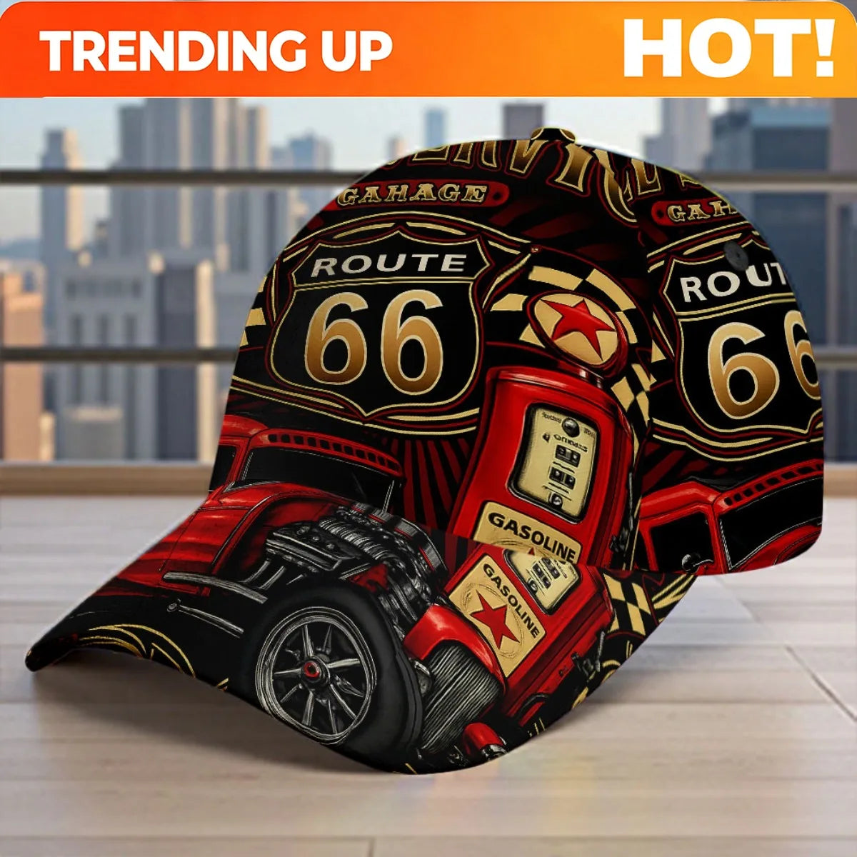 1pc Featuring a Route 66 Hot Rod Garage Design, This All-Over Print Duckbill Hat Has a Fitted Closure And Is Stylishly Hand Wash