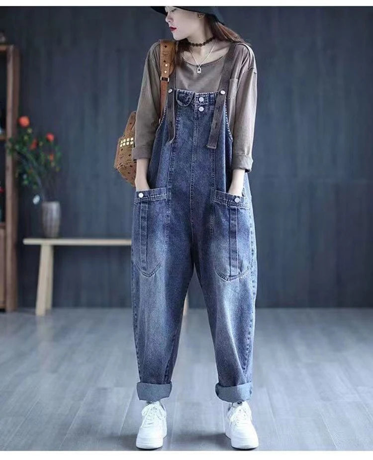 Minimalist jeans overalls women's spring new Korean version loose fit big pocket versatile trendy Harlan casual rompers