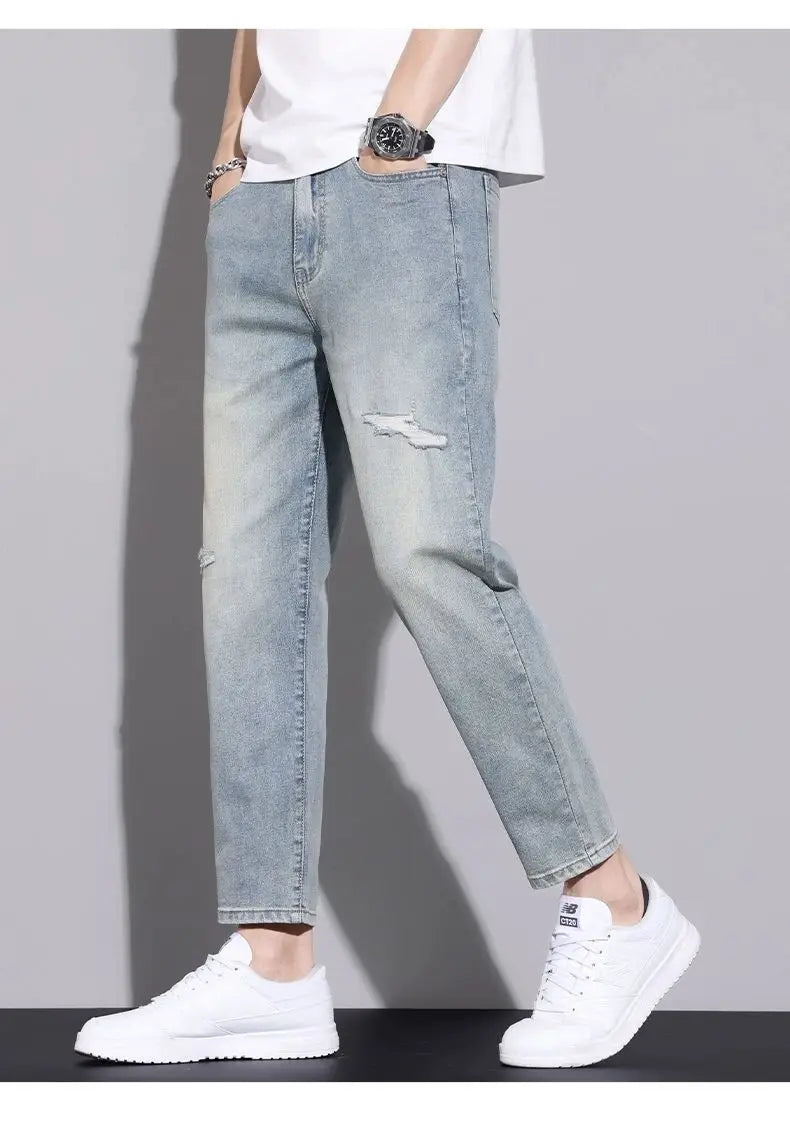 Ripped Jeans Men's 2025 Summer New Trendy Brand Ruffian Handsome Slim-fitting Elastic Straight Trendy Casual Cargo Work Pants