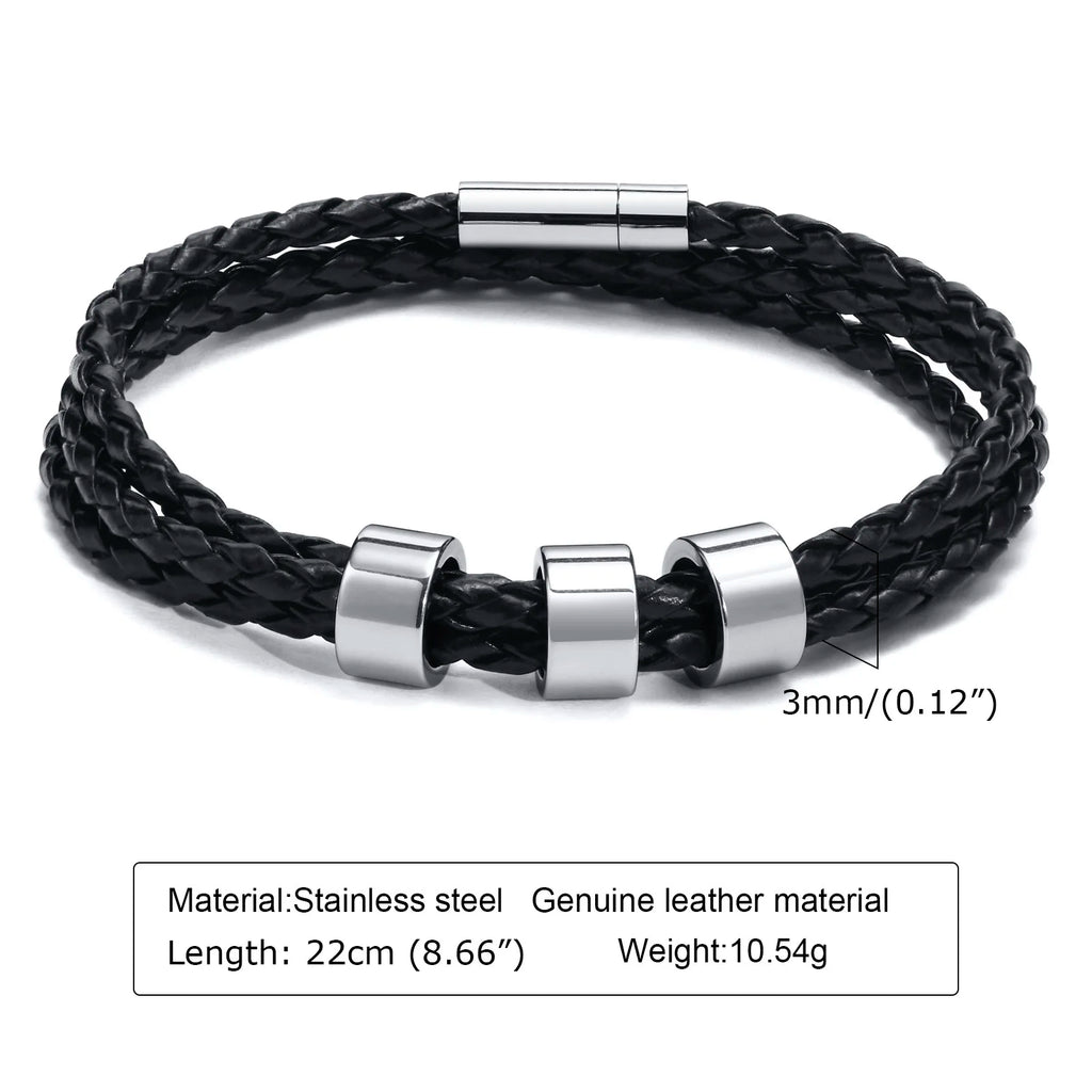 Custom 1-7 Names Multi Layer Leather Bracelet for Men,Stainless Steel Beads Handmade Braided Wristband,Gift for Father Dad