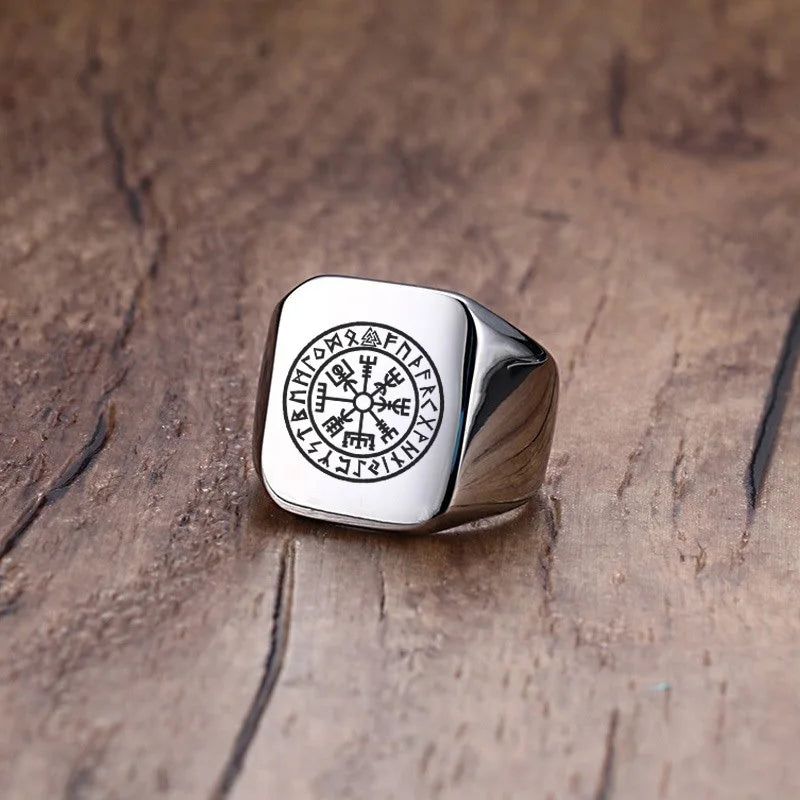 Men Viking Vegvisir Pirate Signet Ring, Free Custom Personalized Stainless Steel Finger Bands Ring for Boys, Amulet Jewelry Gift