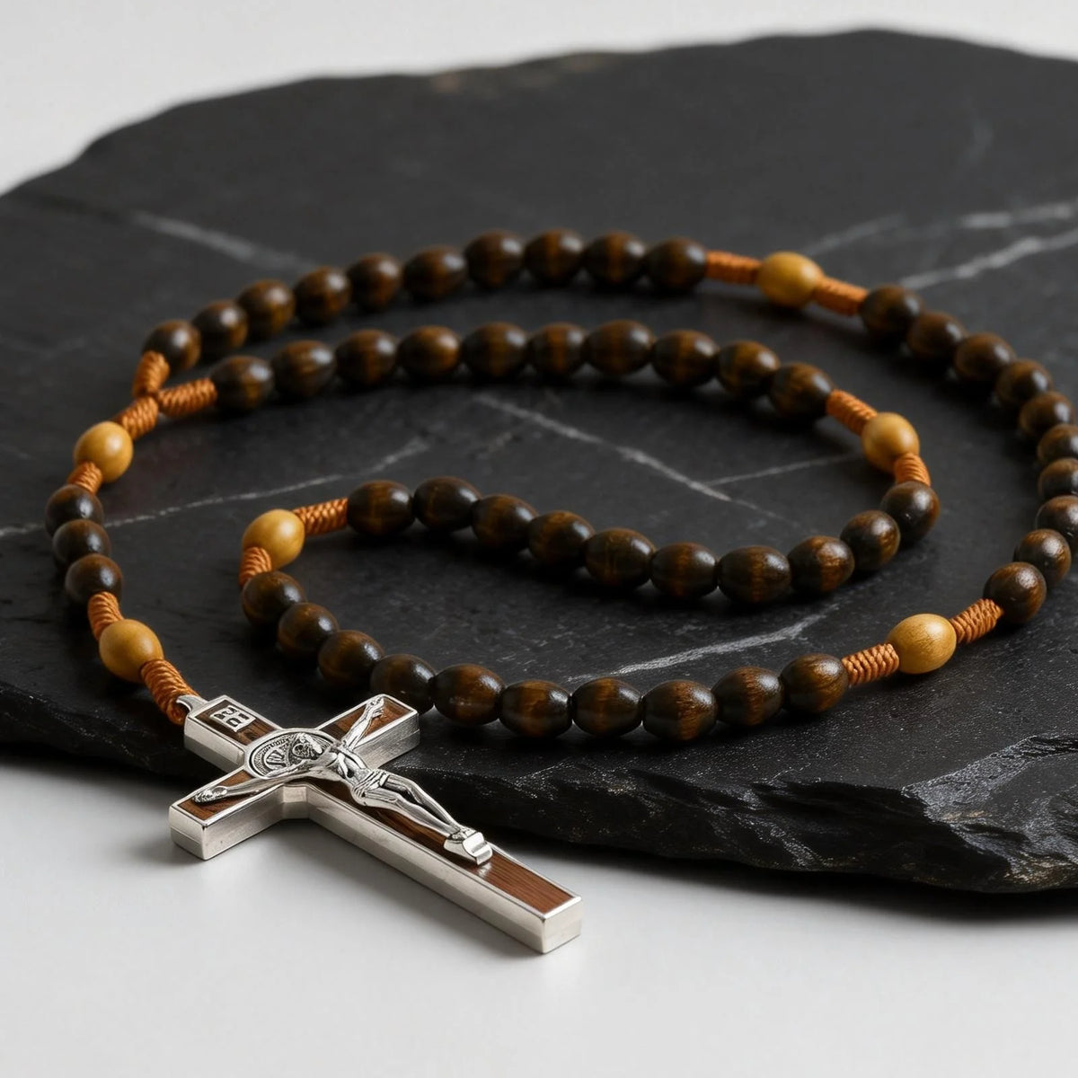 Crucifix Wooden Beaded Necklace for Men,Brown Color Y-shaped Rosary Necklace,Faith Prayer Jewelry Gift