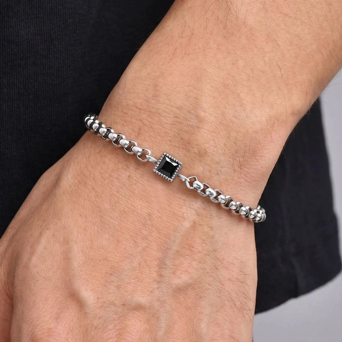Square Blue Black Stone Bracelet for Men,Adjustable Stainless Steel Box Chain Wristband,Trendy Jewelry Gift for Him Dad