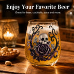 PENDRA Gothic Skull Silver-Glitter Purple-Rose Stemless Glass Tumbler