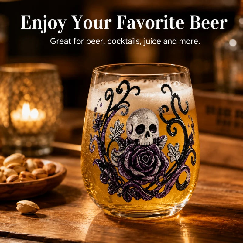PENDRA Gothic Skull Silver-Glitter Purple-Rose Stemless Glass Tumbler