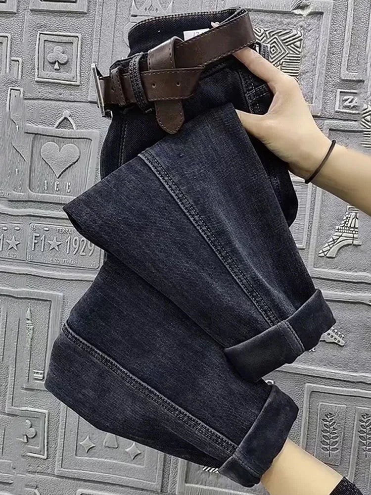 Autumn Winter High Waist Straight Jeans Women Loose Fit Stretch Haren Denim Pants Vintage Ladies Ankle-Length Jeans Pants 5XL