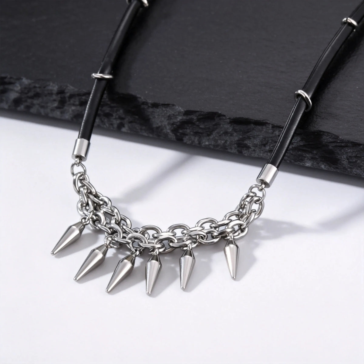 Rock Punk Rivet Leather Necklace for Men,Stainless Steel Tassel Chain Choker,Street Rapper Biker Jewelry Gift