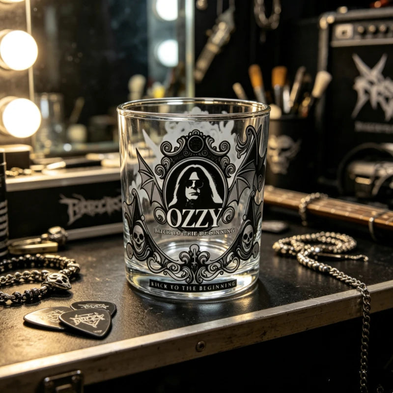 Gothic Skull Bat Whiskey Glass, Ozzy Inspired Gold Rim Cocktail Glass