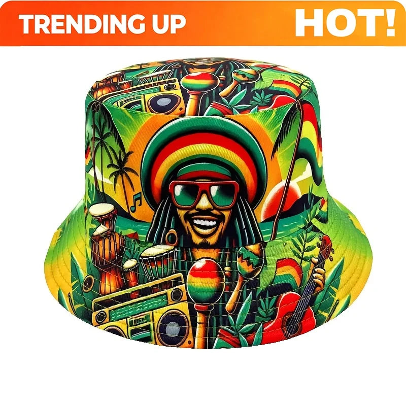 PENDRA Hip-hop Jamaican Character Print Double-sided Bucket Lightweight Fisherman Bucket Hat