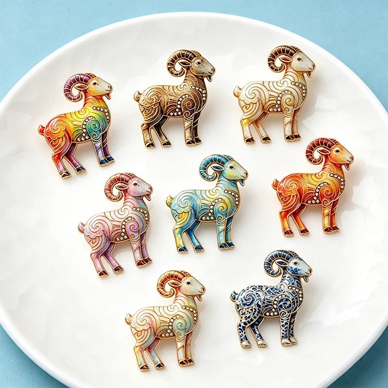 PENDRA Zodiac Goat Multicolor Rhinestone Brooch