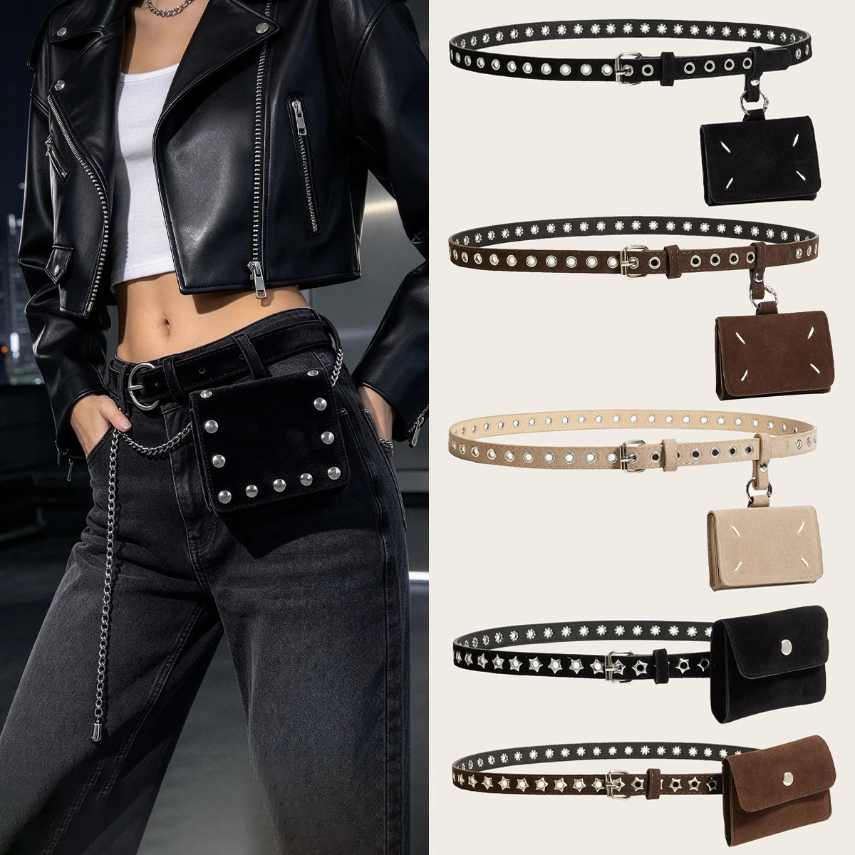 Punk Accessories suede Leather Belt Bag for Women  French Small Purse High-quality Retro Waist Bag Elegant Style Black Brown