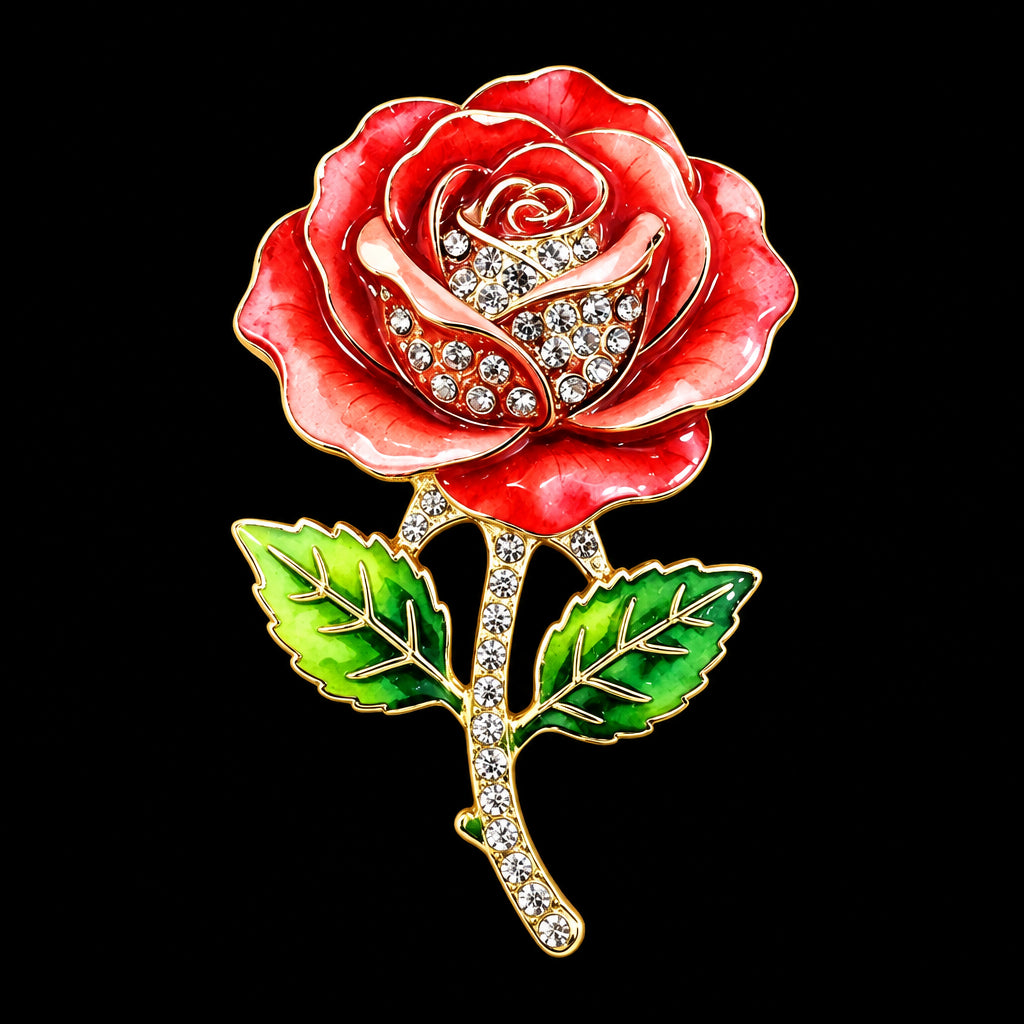 PENDRA Rosette 2-Color Enamel Rhinestone Rose Flower Brooch