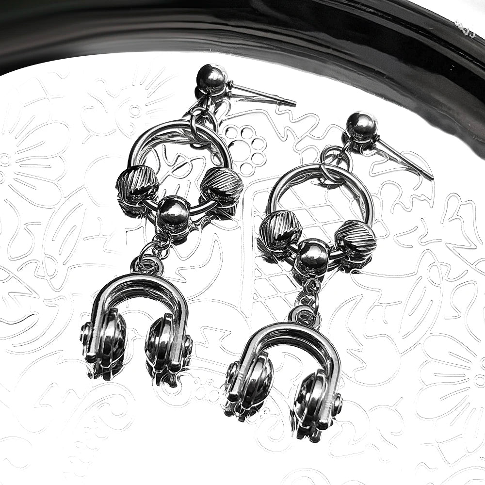 Hiphop Headset Musical Earrings Women Men Stainless Steel Silver Color Circle Dark Punk Male Y2K Drop Ear Rings Jewelry Gifts