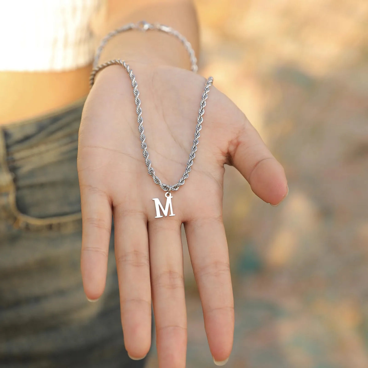 Initials Necklace for Men Boys,Stainless Steel A-Z 26 Letters Pendant with Twisted Rope Chain Cuban Chain Gift,50CM/19.5"