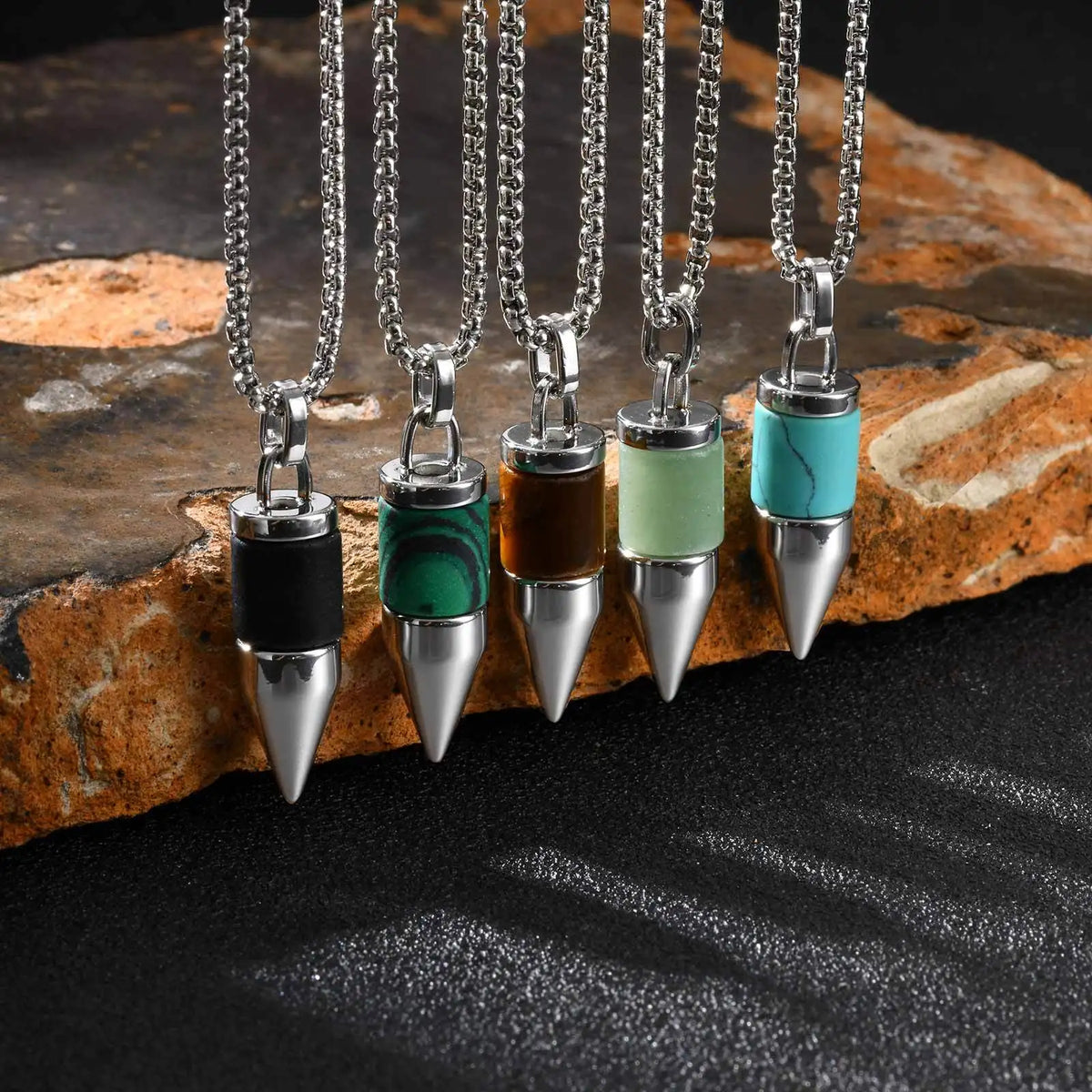 Stylish Bullet Necklaces for Men,Stainless Steel Natural Stone Pendant Necklace,Healing Jewelry Gift for Father Husband Son