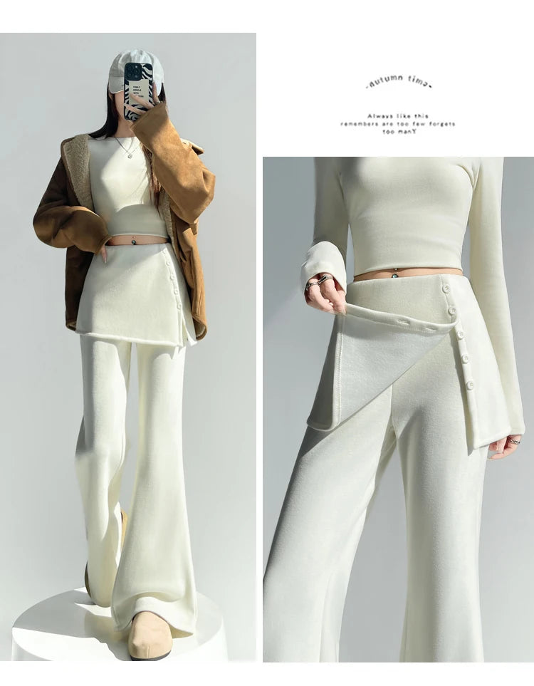 Fake two pieces fart curtain slightly flared pants women autumn winter high waisted buttons slimming floor hugging pants