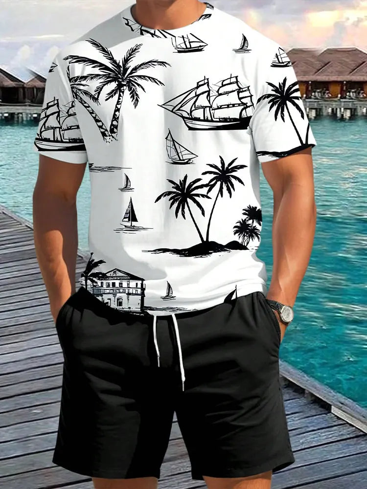 Vibrant Summer Men's 2 Piece Set Hawaiian Chic Casual Men's T-shirt Outdoor Beach Men's Shorts 3D Printed O-neck Short Sleeves