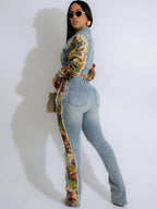026 New Women's Retro Denim Patchwork Two-piece Suit, Fashionable Side Print Long-sleeved Lapel Jacket and Ripped Slim Jeans, Comfortable Version, Suitable for Daily Wear