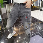 Spring and Autumn 2025 New Men's Jeans Gray Trendy Tiger Head Hot Diamond Printing Slim-fit Small Feet Trousers Men's Clothing