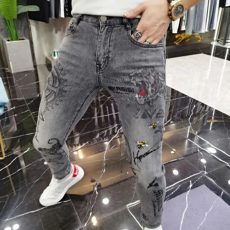 Spring and Autumn 2025 New Men's Jeans Gray Trendy Tiger Head Hot Diamond Printing Slim-fit Small Feet Trousers Men's Clothing