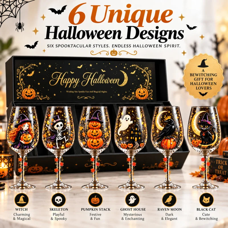 Spooky Halloween Wine Goblet with Sticker Design Witch Ghost Pumpkin Cat Decorative Stemmed Glass for Party Home Bar