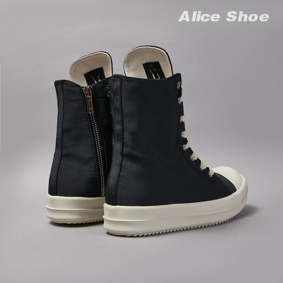 PENDRA Canvas Noir Black Canvas High-Top Zip Lace-Up Flat Ankle Boots