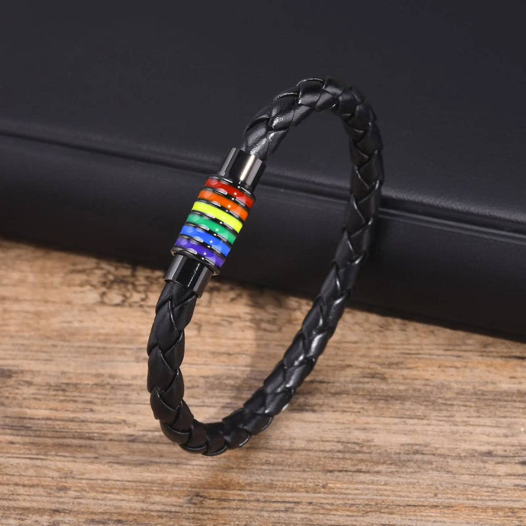 Mprainbow Magnetic Buckle Leather Bracelets for Men Boys,Rainbow LGBTQ Pride Bracelets,Handmade Jewelry Gift