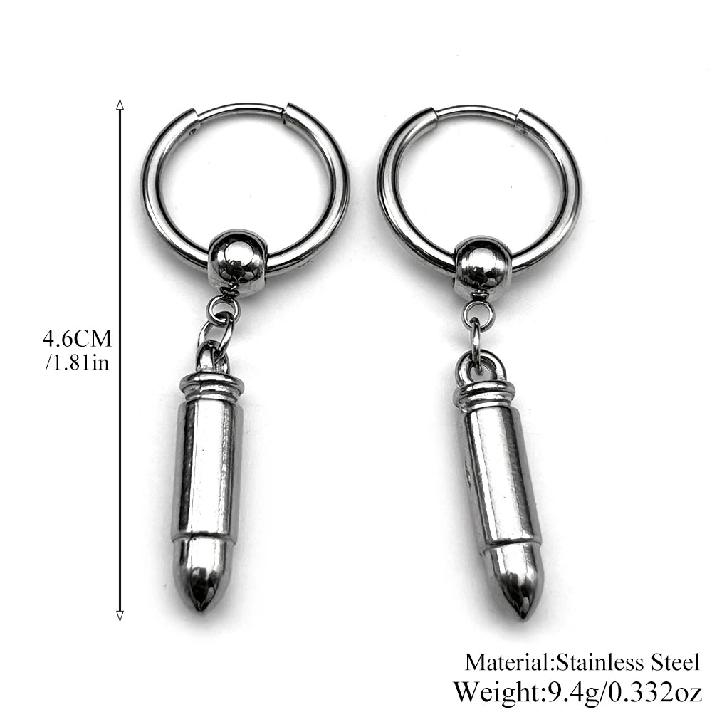 Hiphop Bullet Punk Rock Ear Clip For Men Women Stainless Steel Silver Color Party Hottie Hoop Dangle Earrings Male Jewelry