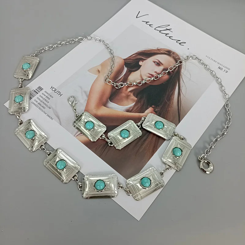 PENDRA Elaraeva Blue Gemstone Luxury Waist Chain Belt