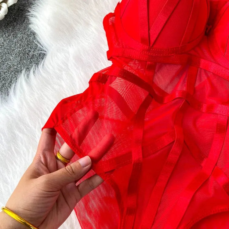 Sexy spicy girl with chest cushion jumpsuit women's summer new see through mesh slimming sexy niche design camisole vest
