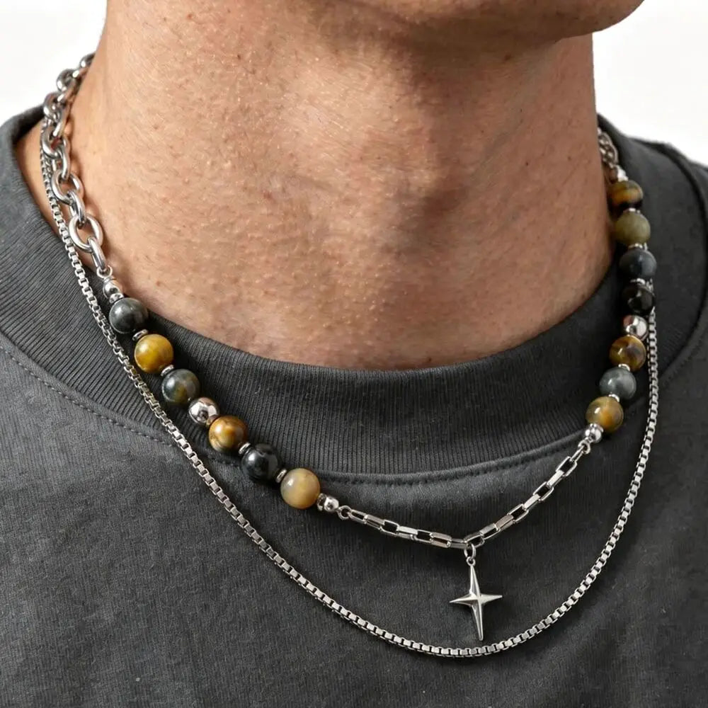 Hiphop Star Cross Chain Necklaces for Men Boys,Stainless Steel Punk Double Layers Chain Collars,Unisex Jewelry